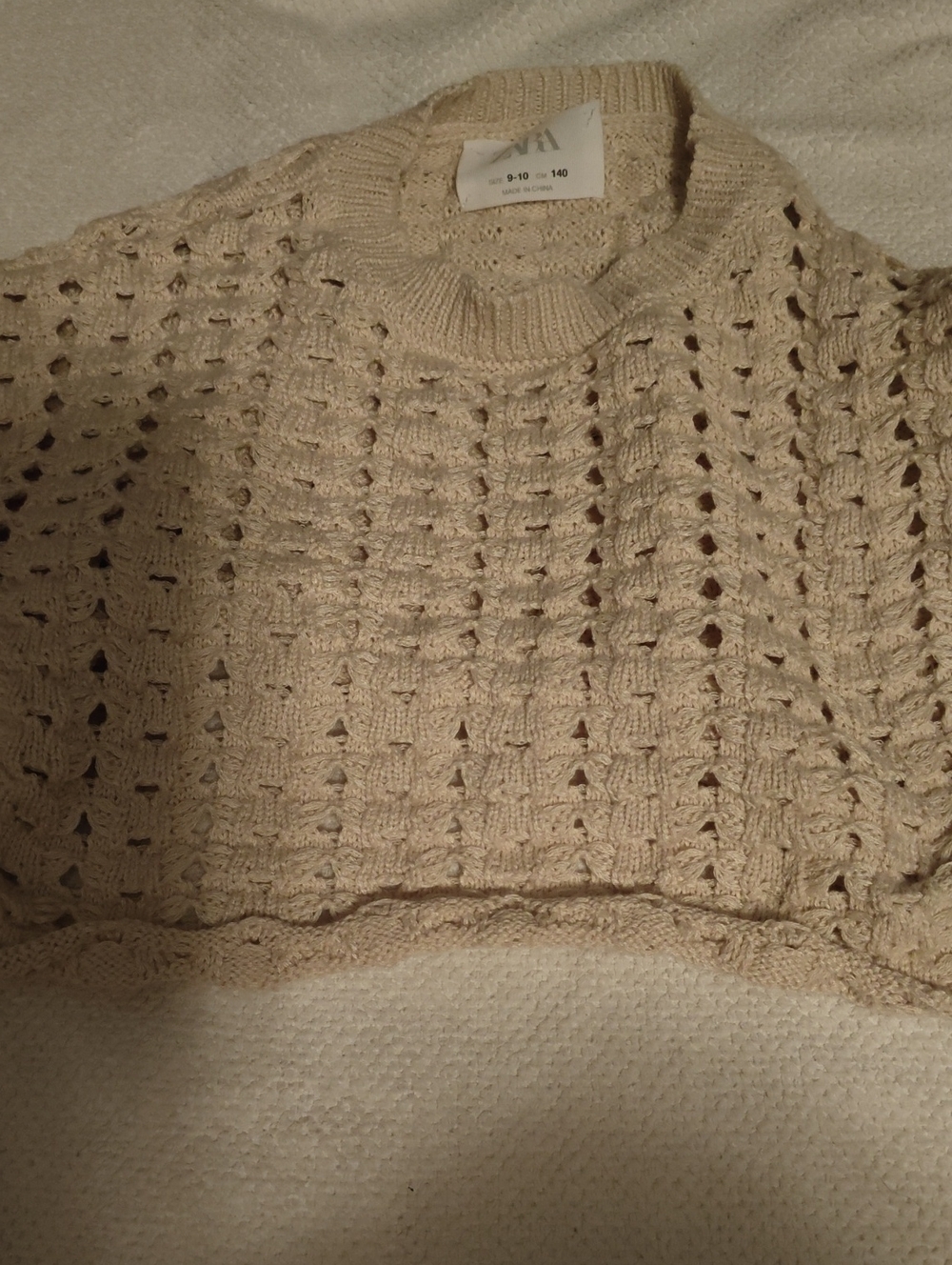 Zara Textured Open-Knit Crewneck Cropped Sweater Cream Size 9-10